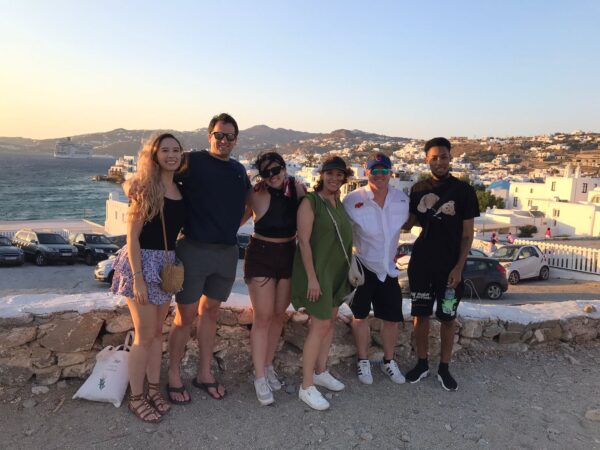 Walking tour clients at the Mykonos windmills