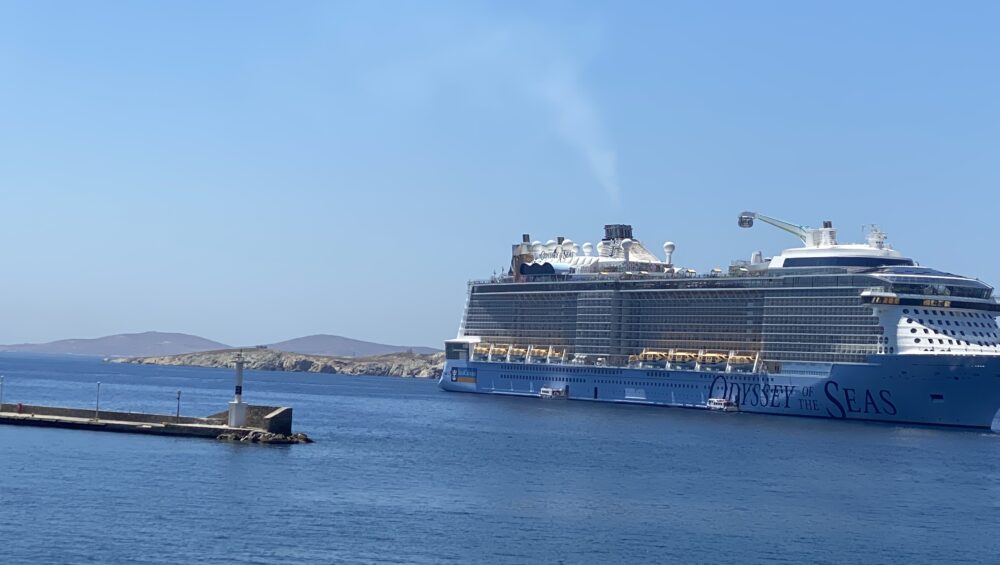 Cruise ship in Mykonos port.