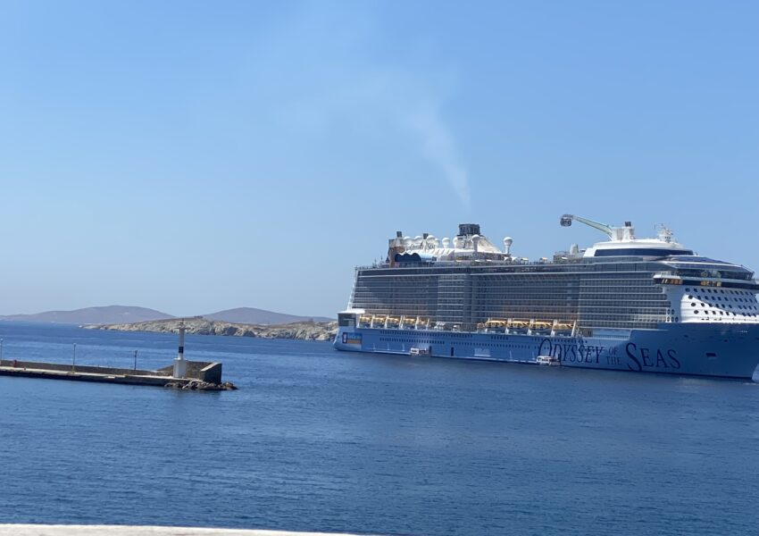 Cruise ship in Mykonos port.